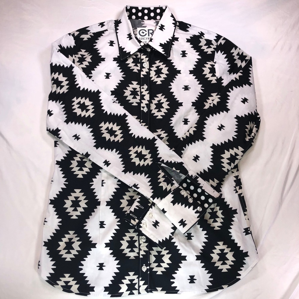 CR Ranchwear Dallas Texas Woman's Large Black White Western Button made in USA